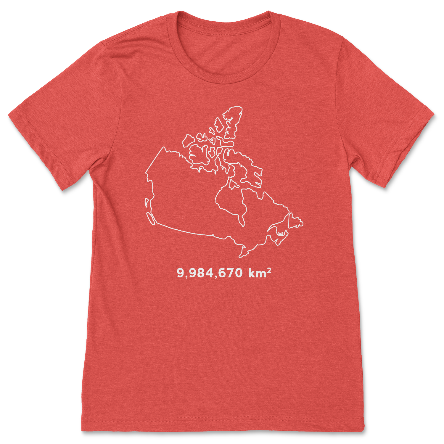 A picture of a heather red t-shirt with the outline of Canada and the number 9,984,670 underneath, as that is the number of square kilometres in Canada.