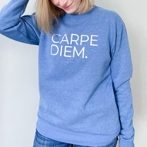 This long sleeved crewneck pullover is the colour of a clear blue sky.  Screen printed on the front, in silver capital letters, are the words "Carpe Diem."