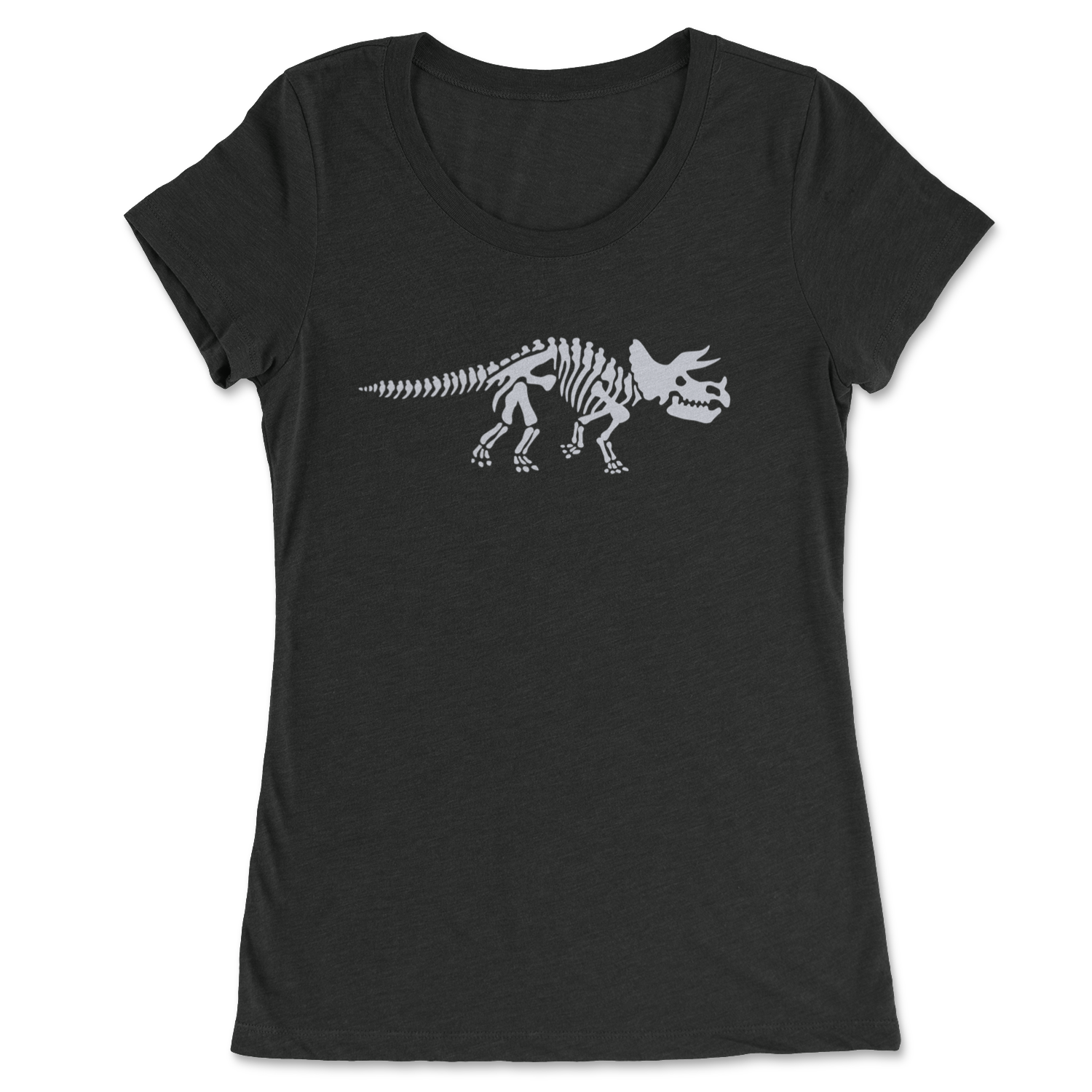 This short sleeved charcoal black t-shirt displays the skeleton of a triceratops dinosaur, printed in silver ink.