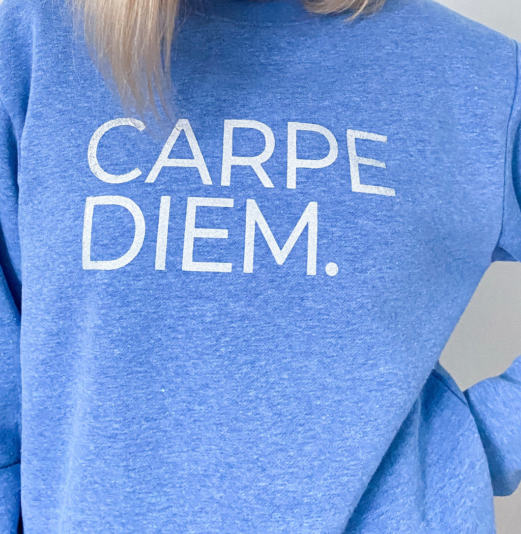 This long sleeved crewneck pullover is the colour of a clear blue sky. Screen printed on the front, in silver capital letters, are the words "Carpe Diem."