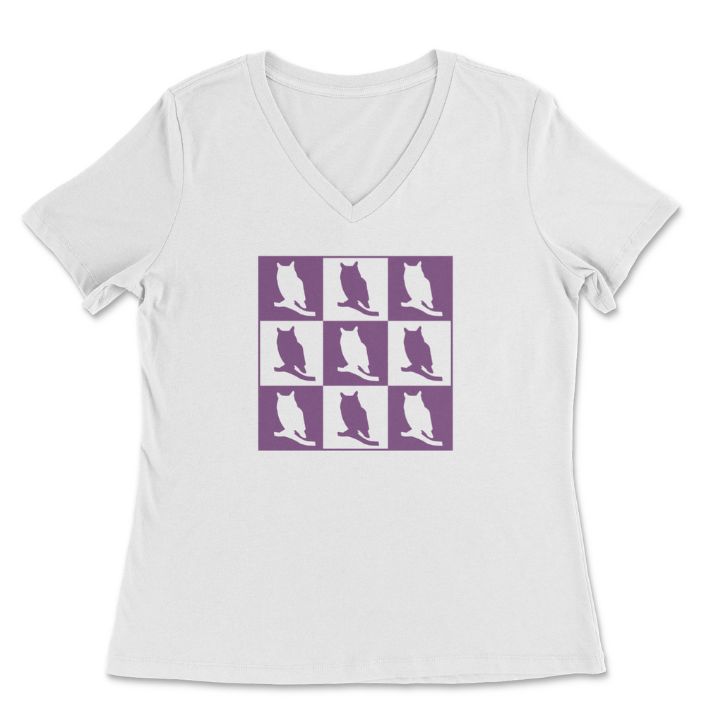 The image on this t-shirt contains nine squares, three per row, of alternating purple and white owls.  The white owl has a purple background, and the purple owl is in front of a white background.  