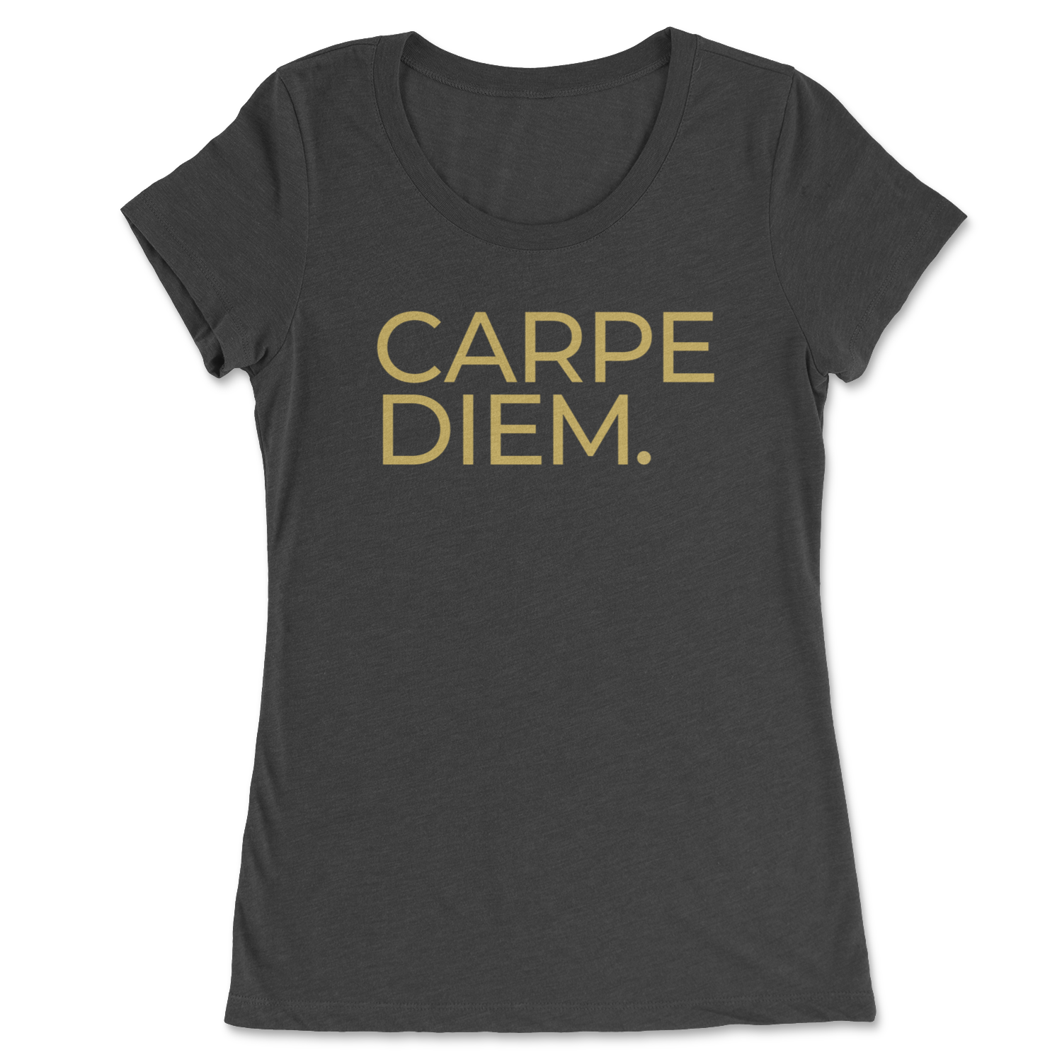 Charcoal black short-sleeved t-shirt with the words Carpe Diem printed in gold uppercase lettering.