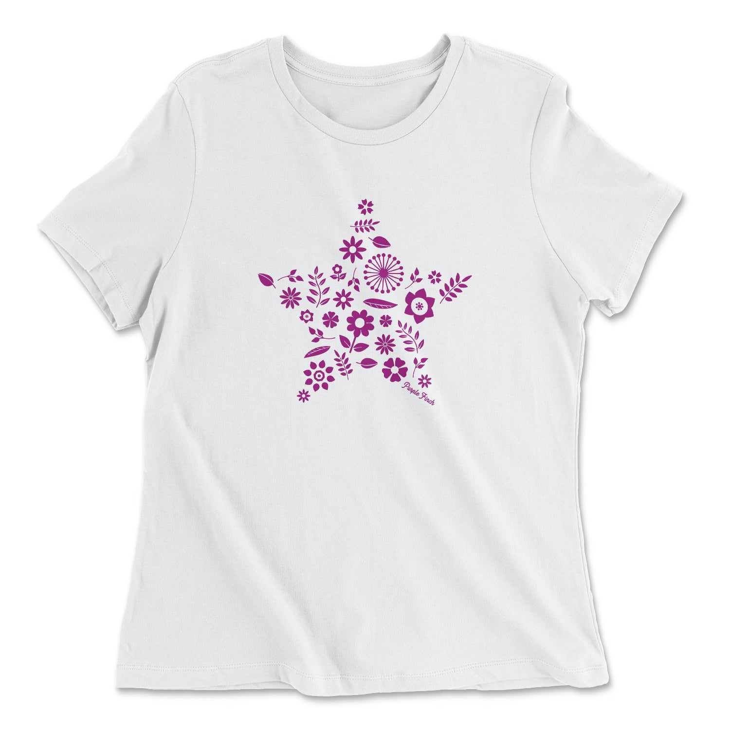 This white t-shirt has a magenta graphic print of a number of flowers and leaves grouped together into the shape of a star.  