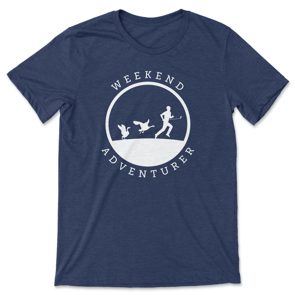 This navy t-shirt has a white silhouette of a male golfer being chased by two Canadian geese.